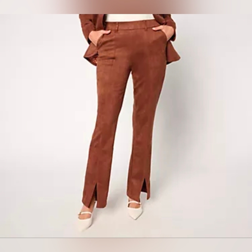 Isaac Mizrahi Live! Estate Stretch Faux Suede Bootcut Pants Clove Large - Picture 1 of 2